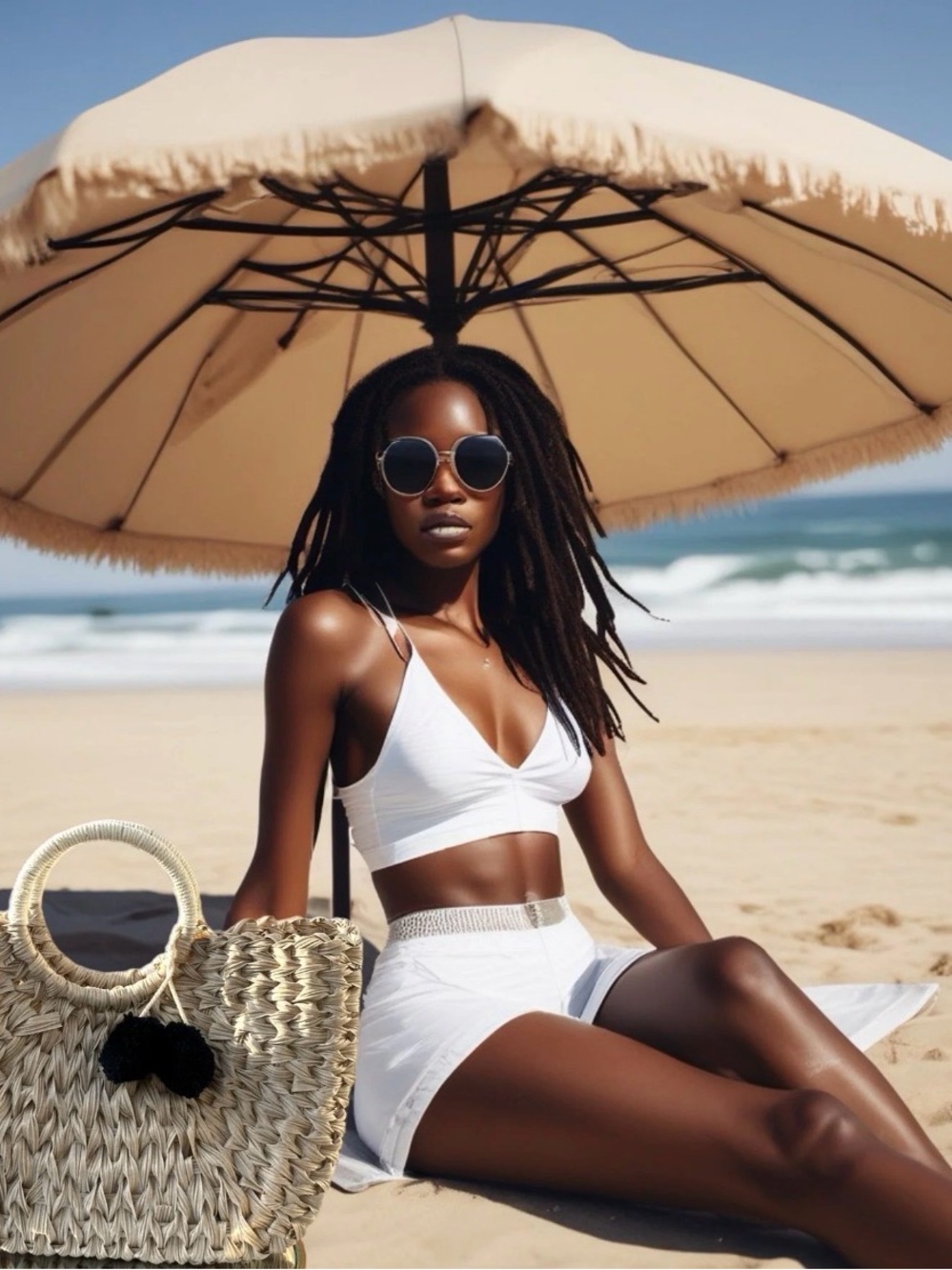 Melie Bianco Woven Straw Tote Bag with Pom Pom off white beach bags - Picture 2 of 4